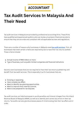 Tax Audit Services In Malaysia