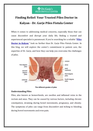 Finding Relief Your Trusted Piles Doctor in Kalyan - Dr. Garje Piles Fistula Center