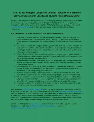 Are You Searching for Long Island Couples Therapy - Visit a trusted Marriage Counselor in Long Island at Alpha Psychothe