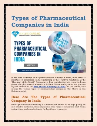 Types of Pharmaceutical Companies in India