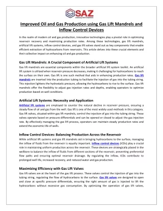 Improved Oil and Gas Production using Gas Lift Mandrels and Inflow Control Devices