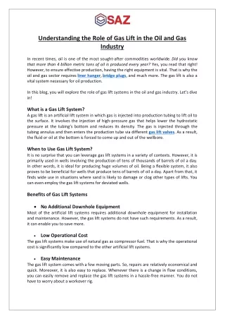 Understanding the Role of Gas Lift in the Oil and Gas Industry