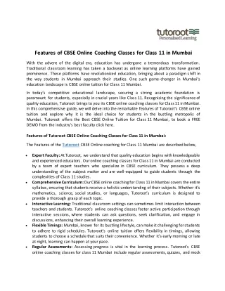 Features of CBSE Online Coaching Classes for Class 11 in Mumbai