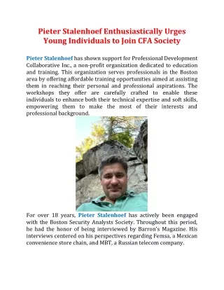 Pieter Stalenhoef Enthusiastically Urges Young Individuals to Join CFA Society