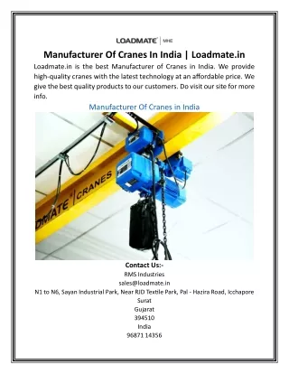 Manufacturer Of Cranes In India | Loadmate.in