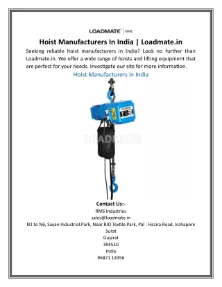 Hoist Manufacturers In India | Loadmate.in