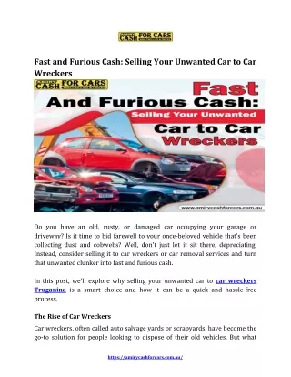 Fast and Furious Cash: Selling Your Unwanted Car to Car Wreckers