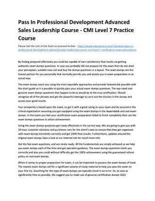 Pass In Professional Development Advanced Sales Leadership Course - CMI Level 7