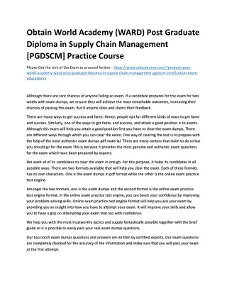 Obtain World Academy (WARD) Post Graduate Diploma in Supply Chain Management [PG