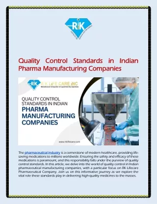 Quality Control Standards in Indian Pharma Manufacturing Companies