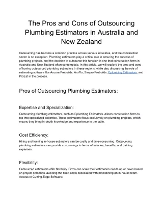 The Pros and Cons of Outsourcing Plumbing Estimators in Australia and New Zealand