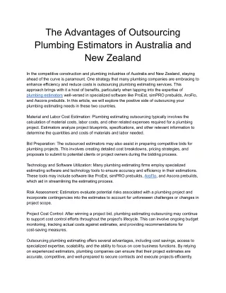 The Advantages of Outsourcing PLumbing Estimators in Australia and New Zealand