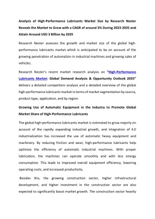 High-Performance Lubricants Market SIze 2023-2035