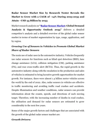 Radar Sensor Market Industry Outlook By Drivers And Opportunities 2035
