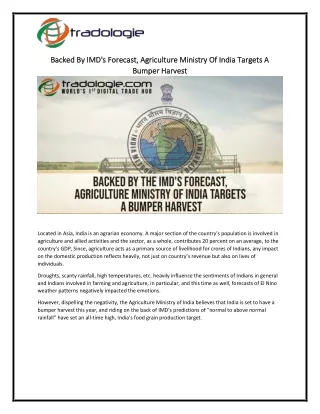 Backed By IMD's Forecast, Agriculture Ministry Of India Targets A Bumper Harvest