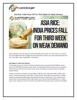 Asia Rice India Prices Fall For Third Week On Weak Demand