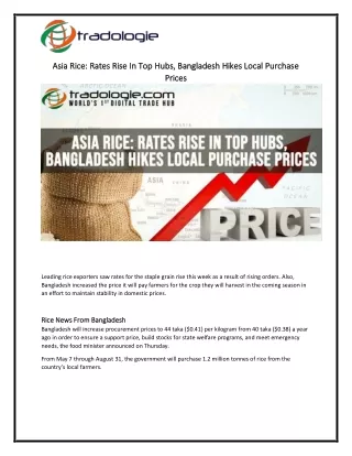 Asia Rice Rates Rise In Top Hubs, Bangladesh Hikes Local Purchase Prices