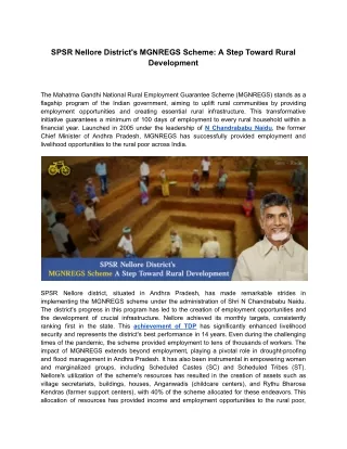 SPSR Nellore District's MGNREGS Scheme: A Step Toward Rural Development