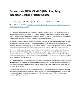 Concentrate NEW MEXICO (NM) Plumbing Inspector License Practice Course