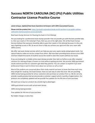 Success NORTH CAROLINA (NC) (PU) Public Utilities Contractor License Practice Co