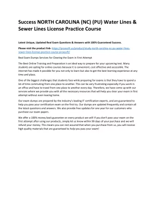 Success NORTH CAROLINA (NC) (PU) Water Lines & Sewer Lines License Practice Cour