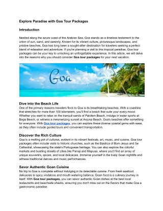 Embrace Goa's Enchanting Beauty with Goa Tour Packages