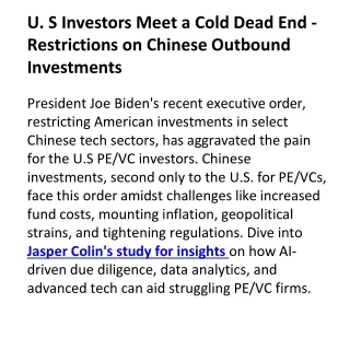 U. S Investors Meet a Cold Dead End - Restrictions on Chinese Outbound Investments