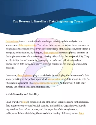 Top Reasons to Enroll in a Data Engineering Course