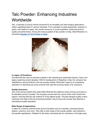 Talc Powder: Enhancing Industries Worldwide