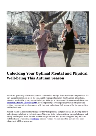 Unlocking Your Optimal Mental and Physical Well-being This Autumn Season