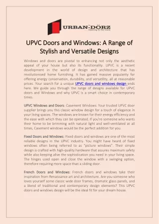 UPVC Doors and Windows A Range of Stylish and Versatile Designs