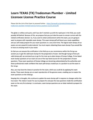 Learn TEXAS (TX) Tradesman Plumber - Limited Licensee License Practice Course