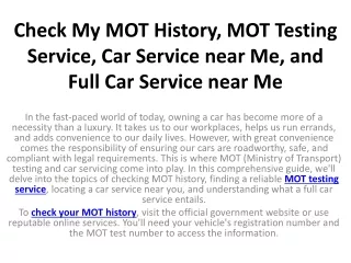 Check My MOT History, MOT Testing Service, Car Service near Me, and Full Car Service near Me