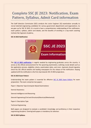 Complete  SSC JE 2023 Notification, Exam Pattern, Syllabus, Admit Card information
