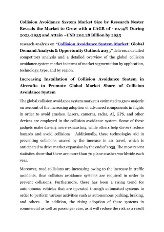 Collision Avoidance System Market Global Trends, Share, Growth 2035