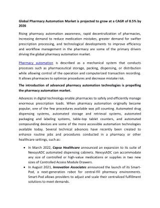 Global Pharmacy Automation Market to grow at a CAGR of 8.5% by 2026