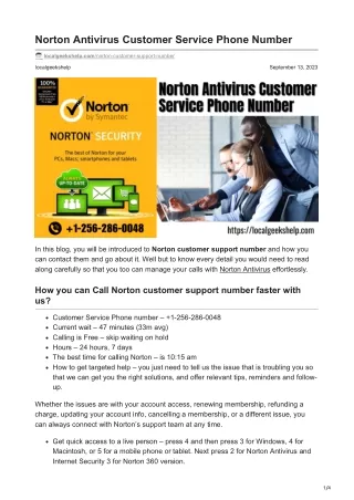 Norton Antivirus Customer Service Phone Number