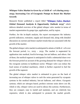 Whisper Valve Market Share, News, Demand, Opportunity During 2019-2025