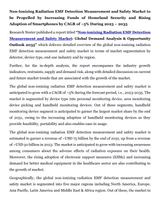 Non-ionizing Radiation EMF Detection  Measurement  and Safety Market 2035