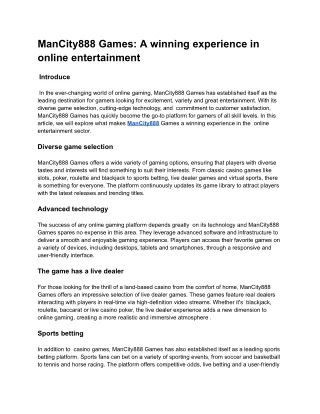 ManCity888 Games: A winning experience in online entertainment