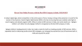 Elevate Your Online Presence with the Best SEO Company in India- EGLOGICS