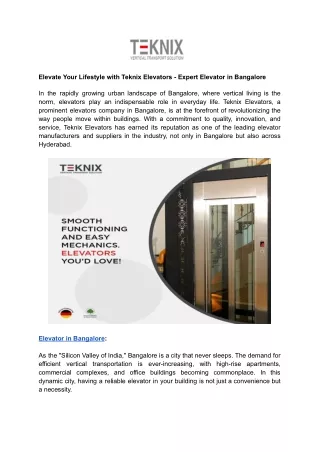 Elevate Your Lifestyle with Teknix Elevators - Expert Elevator in Bangalore