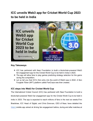 ICC unveils Web3 app for Cricket World Cup 2023 to be held in India