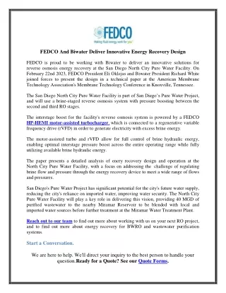 FEDCO And Biwater Deliver Innovative Energy Recovery Design