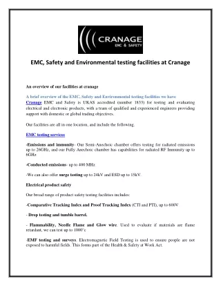 EMC, Safety and Environmental testing facilities at Cranage