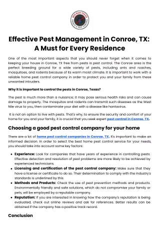 Effective Pest Management in Conroe, TX A Must for Every Residence