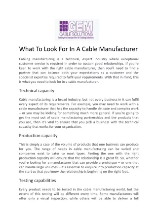 What To Look For In A Cable Manufacturer - Gem Cable Solutions