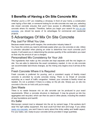 5 Benefits of Having a On Site Concrete Mix Near Me
