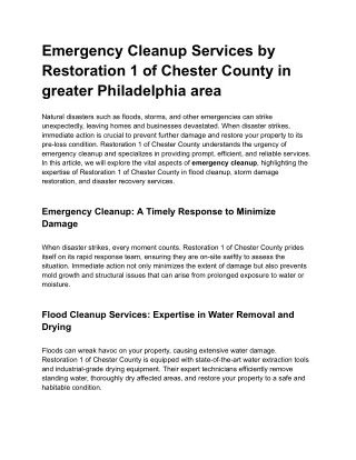 Emergency Cleanup Services by Restoration 1 of Chester County in greater Philadelphia area