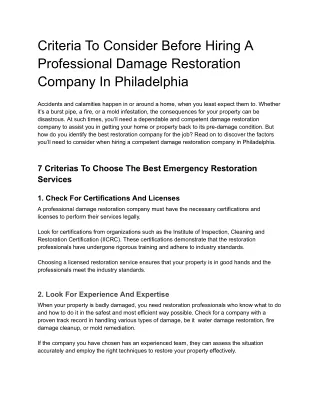 Criteria To Consider Before Hiring A Professional Damage Restoration Company In Philadelphia